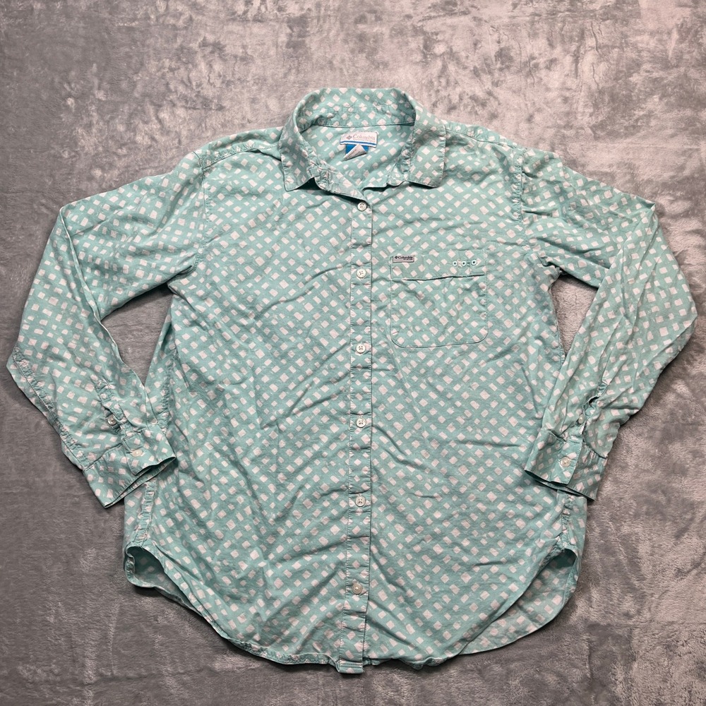 Columbia PFG Shirt Women Aqua Blue Geometric Diamond Long‎ Sleeve S